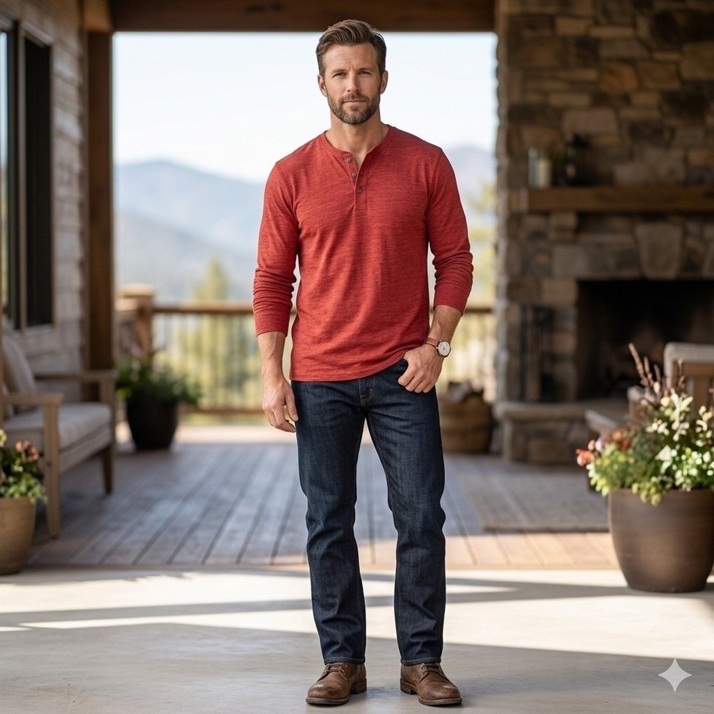 Raw Yarn Industries Mens Size Medium Red Henley Shirt Super Soft Long Sleeve